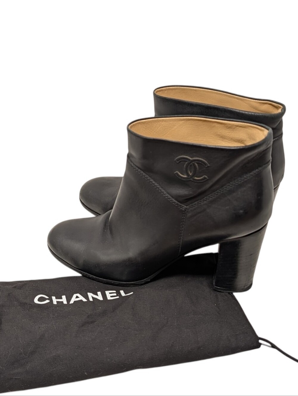 Chanel Black Leather Interlocking CC Block Heeled Boot Bootie Size EU 40